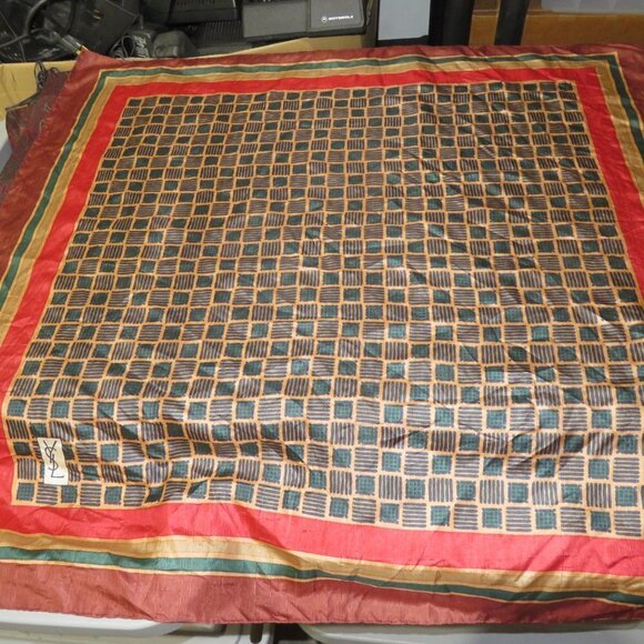 Yves Saint Laurent YSL 100% silk scarf greens & Reds with yellow & green 34X33 - Picture 1 of 6